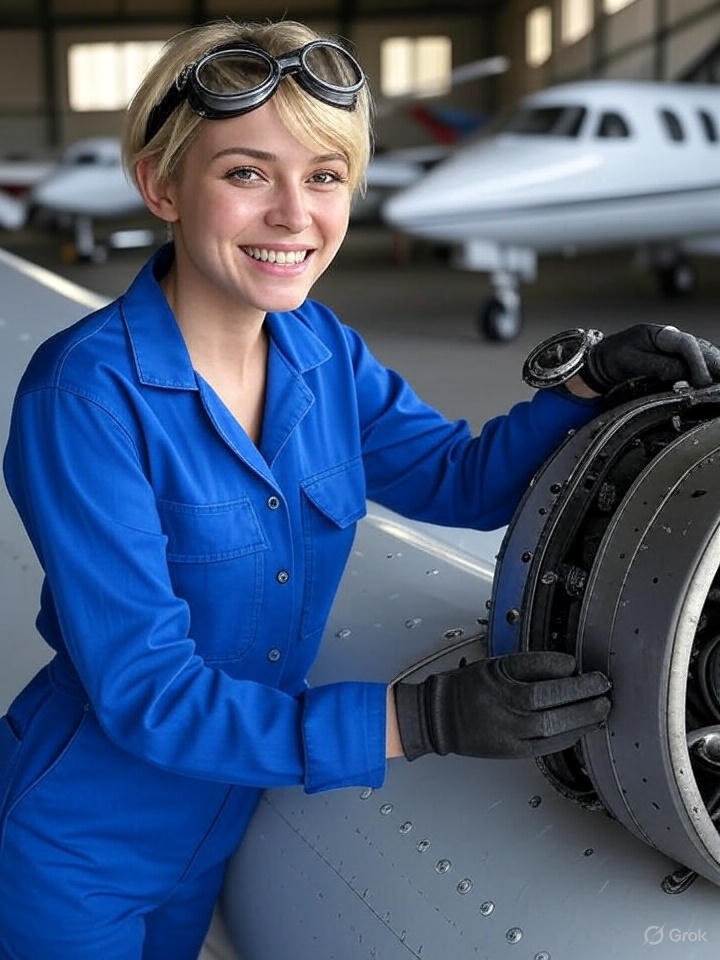 Cute girl in hangar who is not qualified but gets to do what she wants because she is pretty.